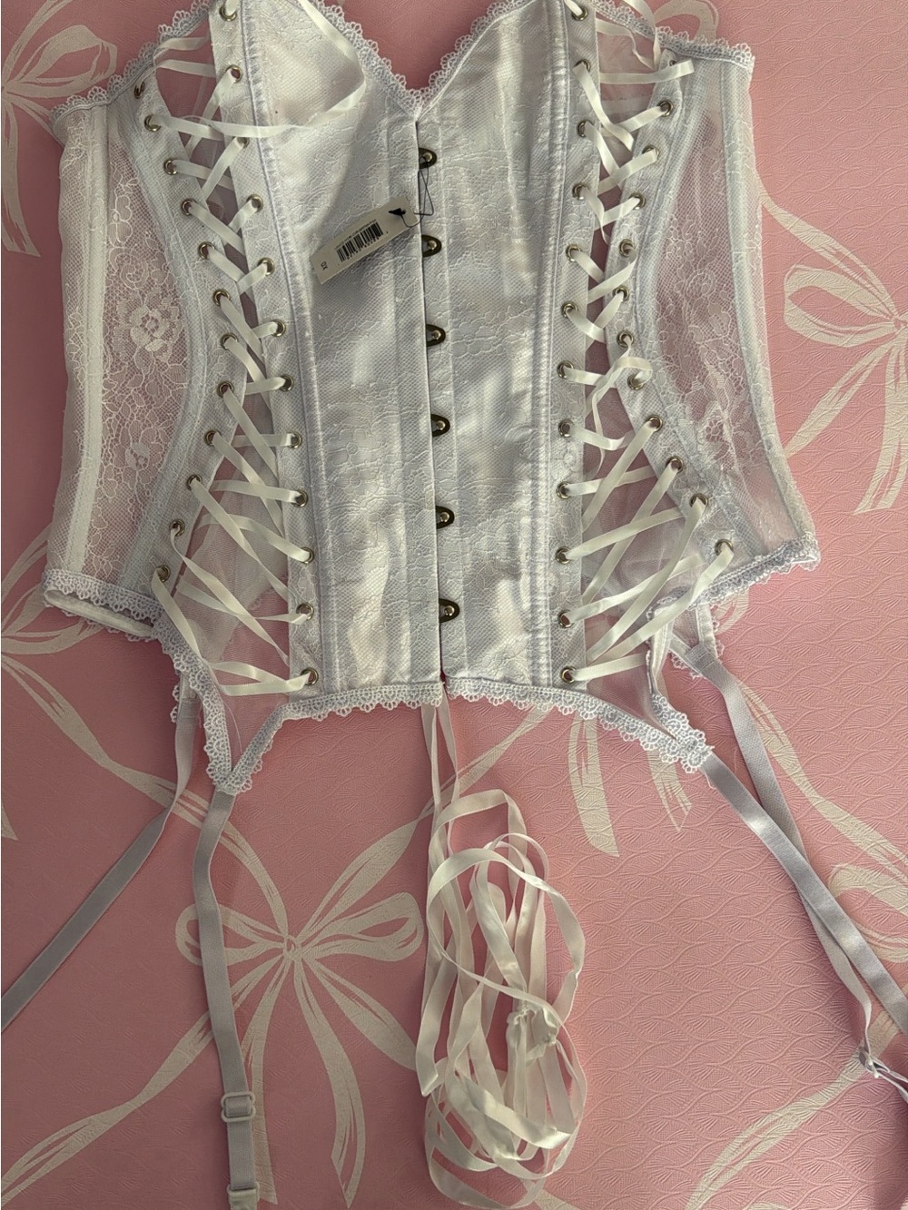 Adore Me White Lace Satin Corset with Garter Straps